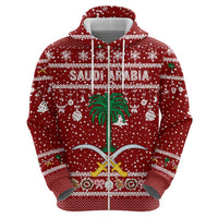 Saudi Arabia Christmas Hoodie with Red Festive Pattern, National Emblem with Palm and Swords, and Map Motif - Wonder Print Shop