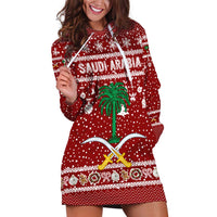 Saudi Arabia Christmas Hoodie Dress with Red Festive Pattern, National Emblem with Palm and Swords, and Map Motif - Wonder Print Shop