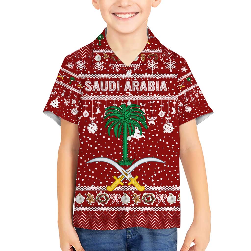 Saudi Arabia Christmas Kid Hawaiian Shirt with Red Festive Pattern, National Emblem with Palm and Swords, and Map Motif - Wonder Print Shop