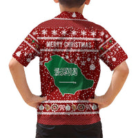 Saudi Arabia Christmas Kid Hawaiian Shirt with Red Festive Pattern, National Emblem with Palm and Swords, and Map Motif - Wonder Print Shop