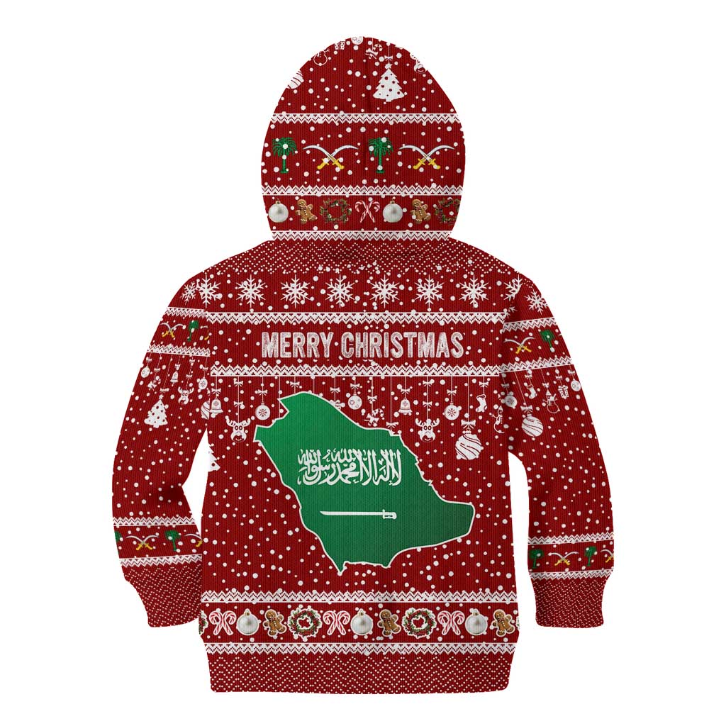 Saudi Arabia Christmas Kid Hoodie with Red Festive Pattern, National Emblem with Palm and Swords, and Map Motif - Wonder Print Shop