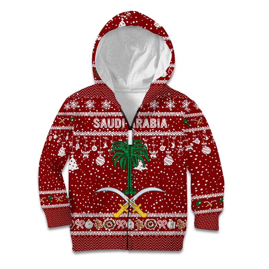 Saudi Arabia Christmas Kid Hoodie with Red Festive Pattern, National Emblem with Palm and Swords, and Map Motif - Wonder Print Shop