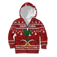 Saudi Arabia Christmas Kid Hoodie with Red Festive Pattern, National Emblem with Palm and Swords, and Map Motif - Wonder Print Shop