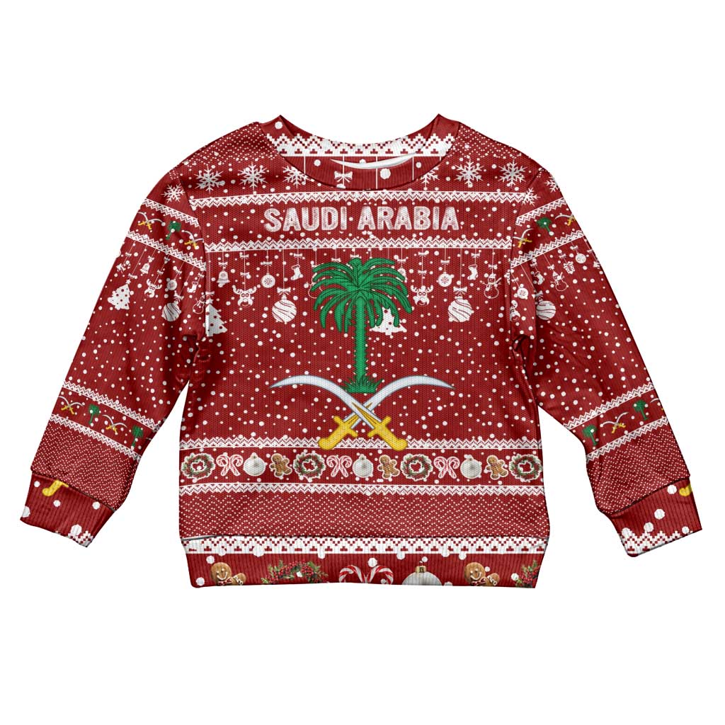 Saudi Arabia Christmas Kid Ugly Christmas Sweater with Red Festive Pattern, National Emblem with Palm and Swords, and Map Motif - Wonder Print Shop