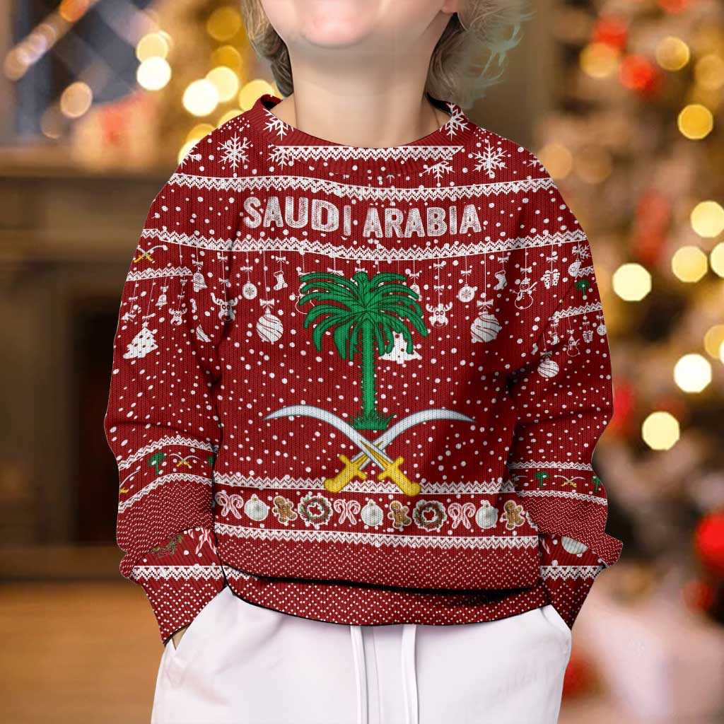 Saudi Arabia Christmas Kid Ugly Christmas Sweater with Red Festive Pattern, National Emblem with Palm and Swords, and Map Motif - Wonder Print Shop