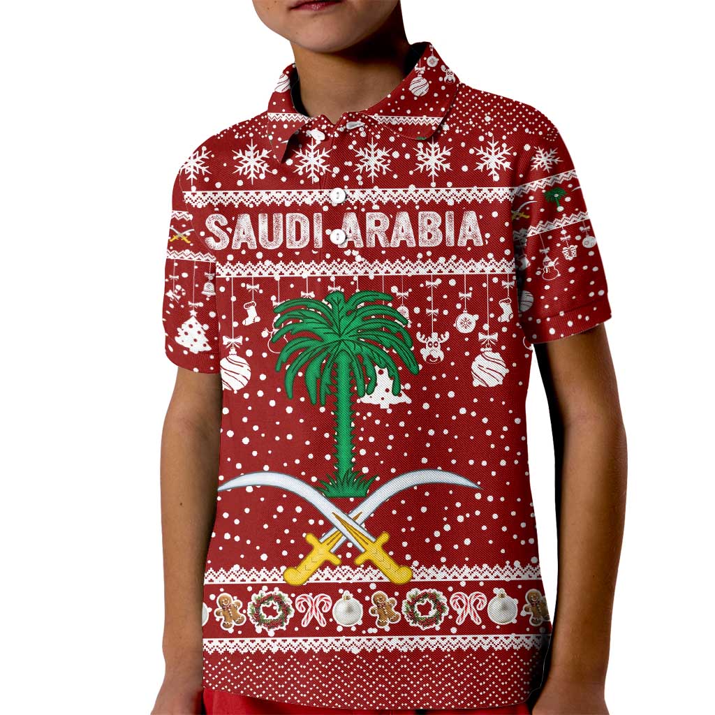 Saudi Arabia Christmas Kid Polo Shirt with Red Festive Pattern, National Emblem with Palm and Swords, and Map Motif - Wonder Print Shop
