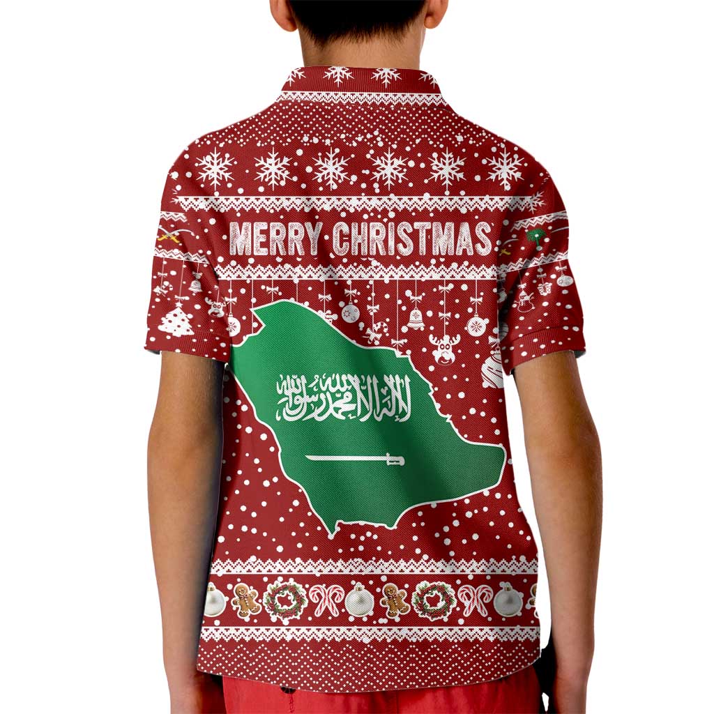 Saudi Arabia Christmas Kid Polo Shirt with Red Festive Pattern, National Emblem with Palm and Swords, and Map Motif - Wonder Print Shop