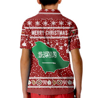 Saudi Arabia Christmas Kid Polo Shirt with Red Festive Pattern, National Emblem with Palm and Swords, and Map Motif - Wonder Print Shop