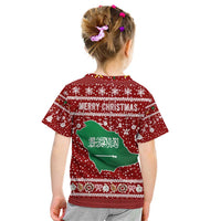 Saudi Arabia Christmas Kid T Shirt with Red Festive Pattern, National Emblem with Palm and Swords, and Map Motif - Wonder Print Shop