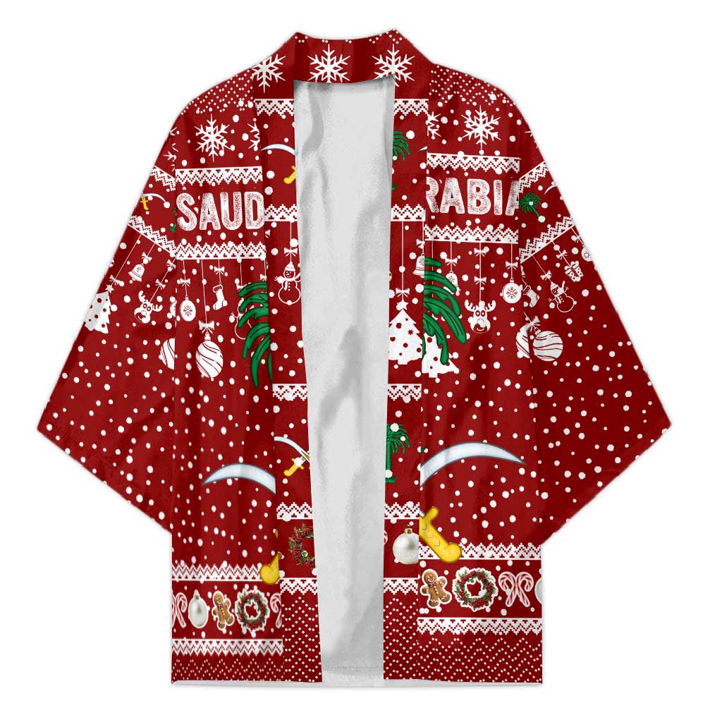 Saudi Arabia Christmas Kimono with Red Festive Pattern, National Emblem with Palm and Swords, and Map Motif - Wonder Print Shop
