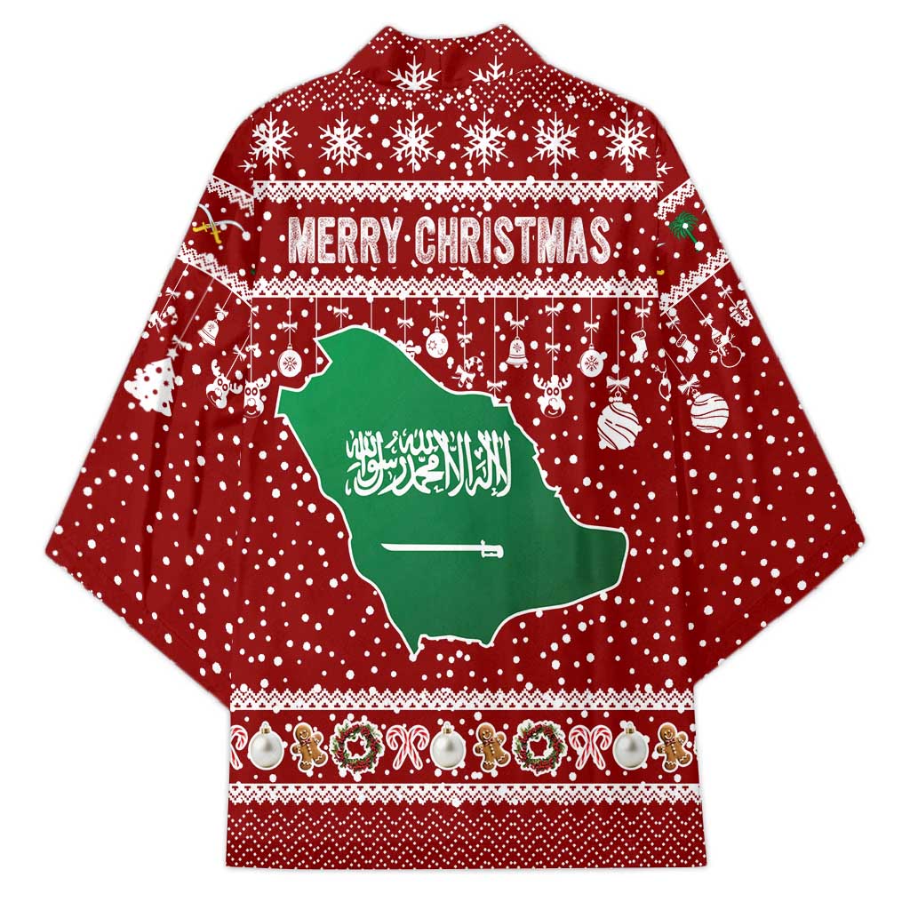Saudi Arabia Christmas Kimono with Red Festive Pattern, National Emblem with Palm and Swords, and Map Motif - Wonder Print Shop