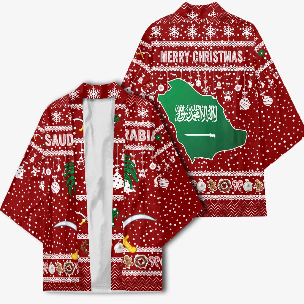 Saudi Arabia Christmas Kimono with Red Festive Pattern, National Emblem with Palm and Swords, and Map Motif - Wonder Print Shop