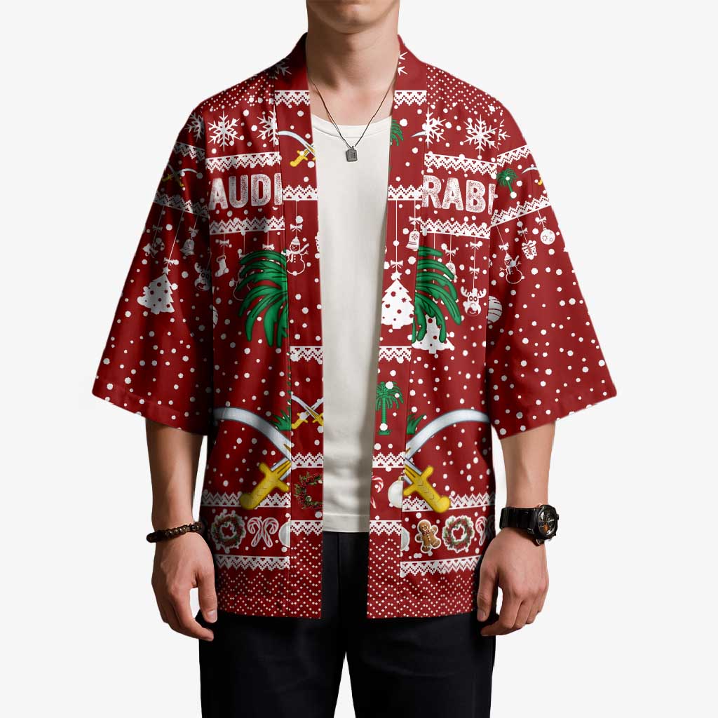 Saudi Arabia Christmas Kimono with Red Festive Pattern, National Emblem with Palm and Swords, and Map Motif - Wonder Print Shop
