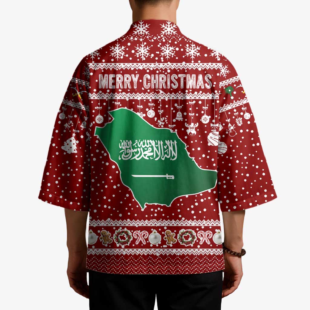 Saudi Arabia Christmas Kimono with Red Festive Pattern, National Emblem with Palm and Swords, and Map Motif - Wonder Print Shop