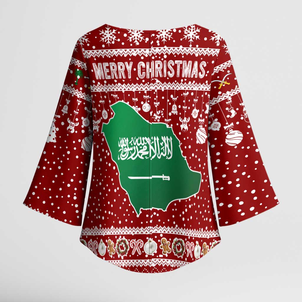 Saudi Arabia Christmas Kimono Sleeve Blouse with Red Festive Pattern, National Emblem with Palm and Swords, and Map Motif - Wonder Print Shop