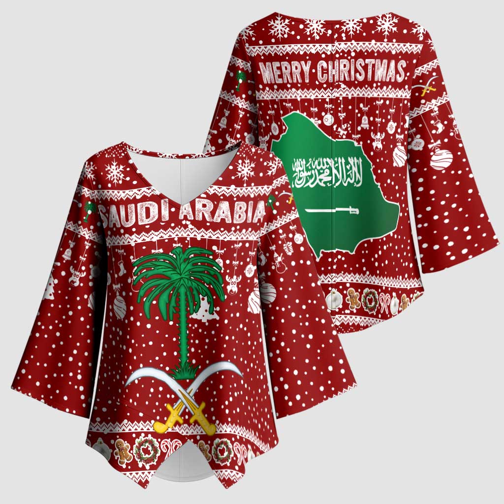 Saudi Arabia Christmas Kimono Sleeve Blouse with Red Festive Pattern, National Emblem with Palm and Swords, and Map Motif - Wonder Print Shop