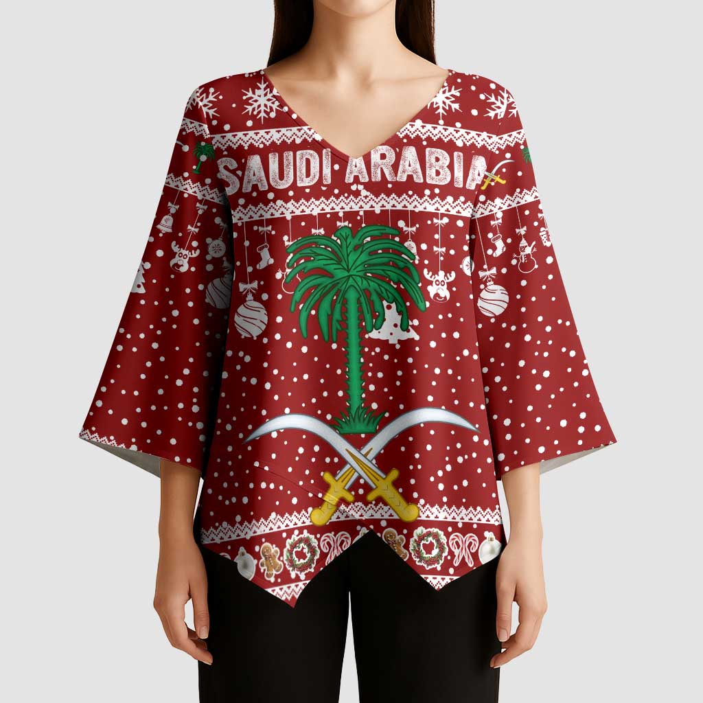 Saudi Arabia Christmas Kimono Sleeve Blouse with Red Festive Pattern, National Emblem with Palm and Swords, and Map Motif - Wonder Print Shop
