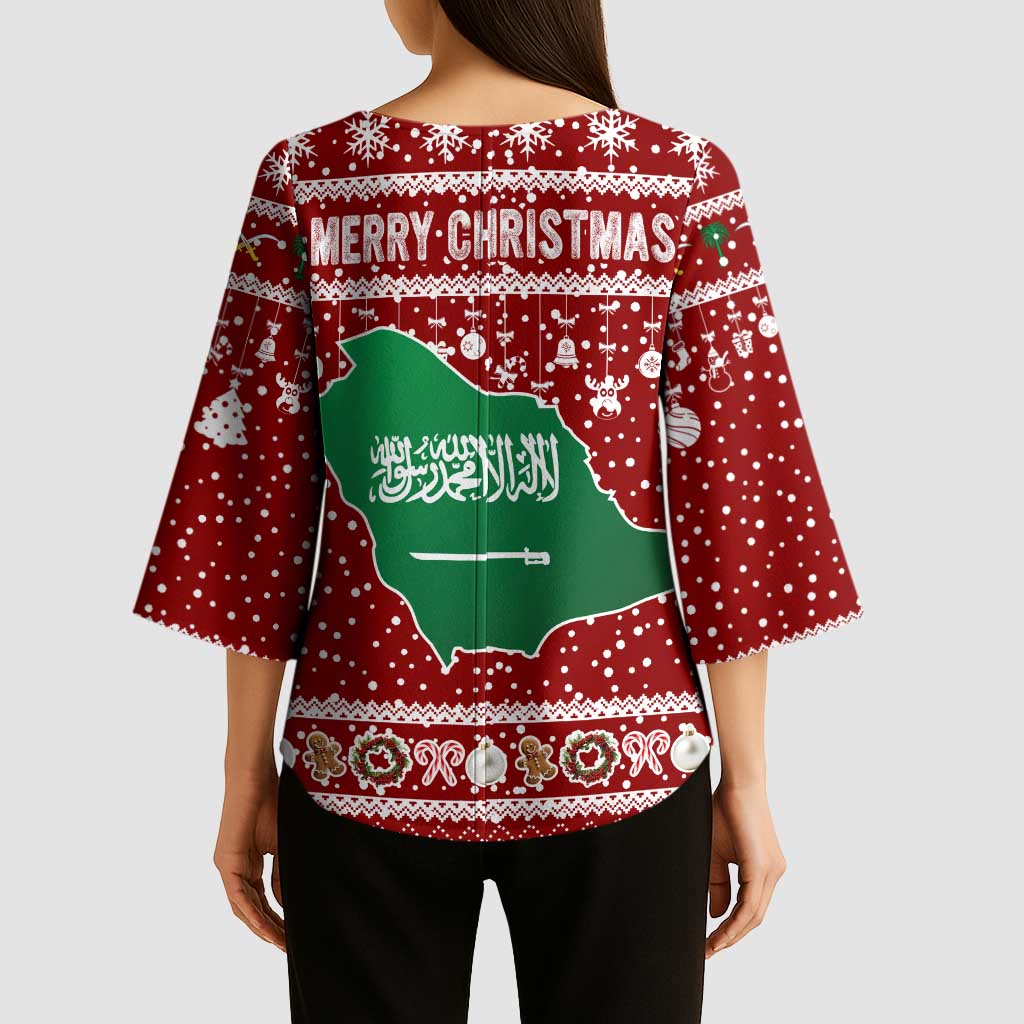 Saudi Arabia Christmas Kimono Sleeve Blouse with Red Festive Pattern, National Emblem with Palm and Swords, and Map Motif - Wonder Print Shop
