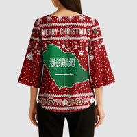 Saudi Arabia Christmas Kimono Sleeve Blouse with Red Festive Pattern, National Emblem with Palm and Swords, and Map Motif - Wonder Print Shop