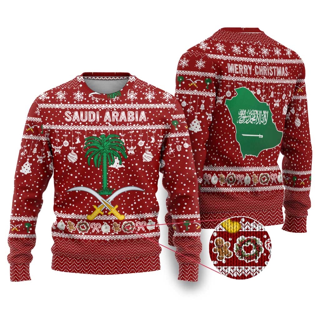 Saudi Arabia Christmas Ugly Christmas Sweater with Red Festive Pattern, National Emblem with Palm and Swords, and Map Motif - Wonder Print Shop