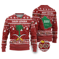 Saudi Arabia Christmas Ugly Christmas Sweater with Red Festive Pattern, National Emblem with Palm and Swords, and Map Motif - Wonder Print Shop