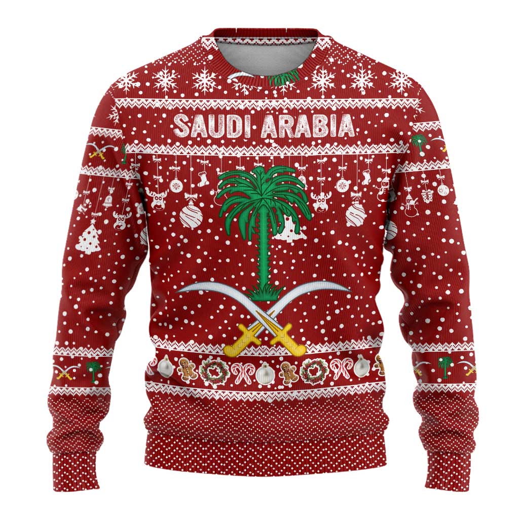 Saudi Arabia Christmas Ugly Christmas Sweater with Red Festive Pattern, National Emblem with Palm and Swords, and Map Motif - Wonder Print Shop