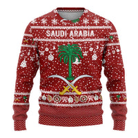 Saudi Arabia Christmas Ugly Christmas Sweater with Red Festive Pattern, National Emblem with Palm and Swords, and Map Motif - Wonder Print Shop