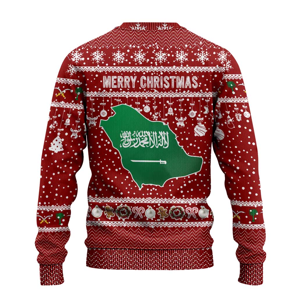 Saudi Arabia Christmas Ugly Christmas Sweater with Red Festive Pattern, National Emblem with Palm and Swords, and Map Motif - Wonder Print Shop