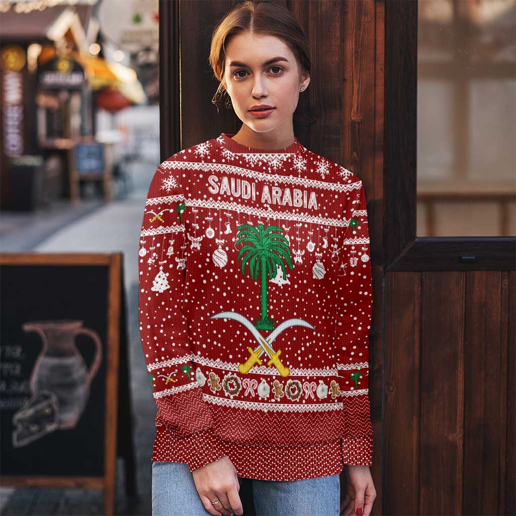Saudi Arabia Christmas Ugly Christmas Sweater with Red Festive Pattern, National Emblem with Palm and Swords, and Map Motif - Wonder Print Shop
