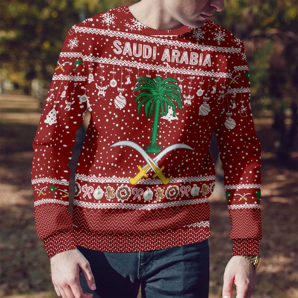 Saudi Arabia Christmas Ugly Christmas Sweater with Red Festive Pattern, National Emblem with Palm and Swords, and Map Motif - Wonder Print Shop