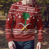 Saudi Arabia Christmas Ugly Christmas Sweater with Red Festive Pattern, National Emblem with Palm and Swords, and Map Motif - Wonder Print Shop
