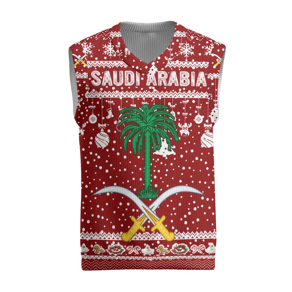 Saudi Arabia Christmas Knitted V-Neck Vest with Red Festive Pattern, National Emblem with Palm and Swords, and Map Motif - Wonder Print Shop