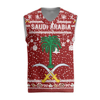 Saudi Arabia Christmas Knitted V-Neck Vest with Red Festive Pattern, National Emblem with Palm and Swords, and Map Motif - Wonder Print Shop