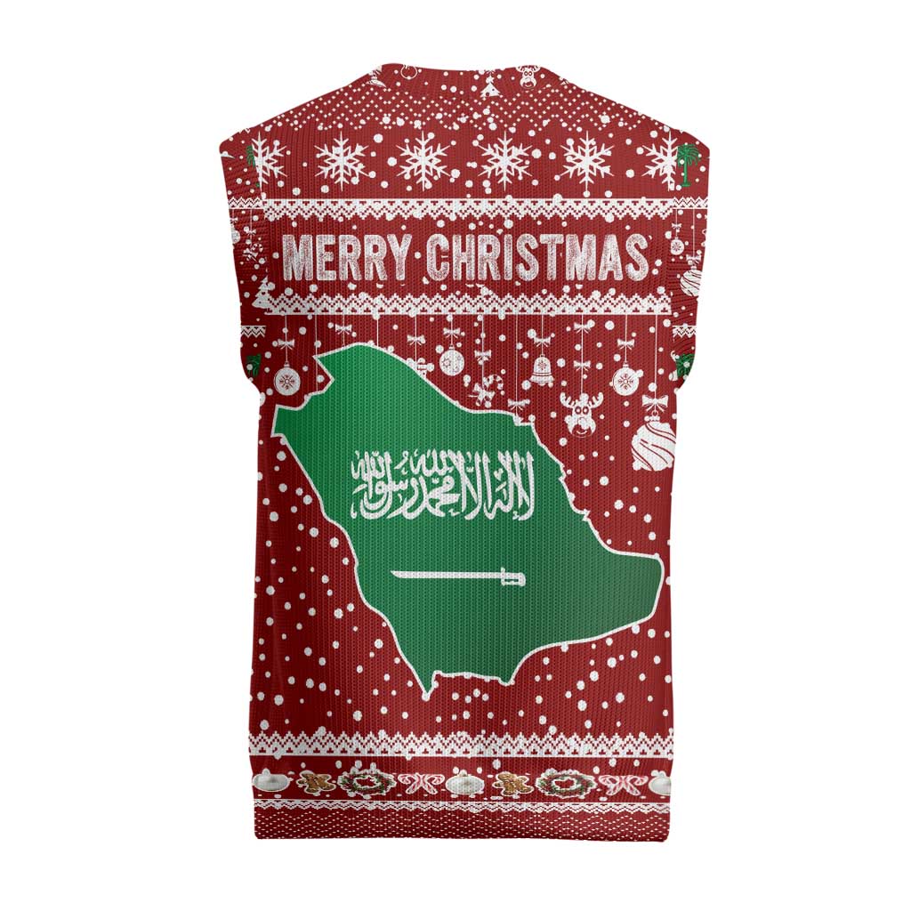 Saudi Arabia Christmas Knitted V-Neck Vest with Red Festive Pattern, National Emblem with Palm and Swords, and Map Motif - Wonder Print Shop
