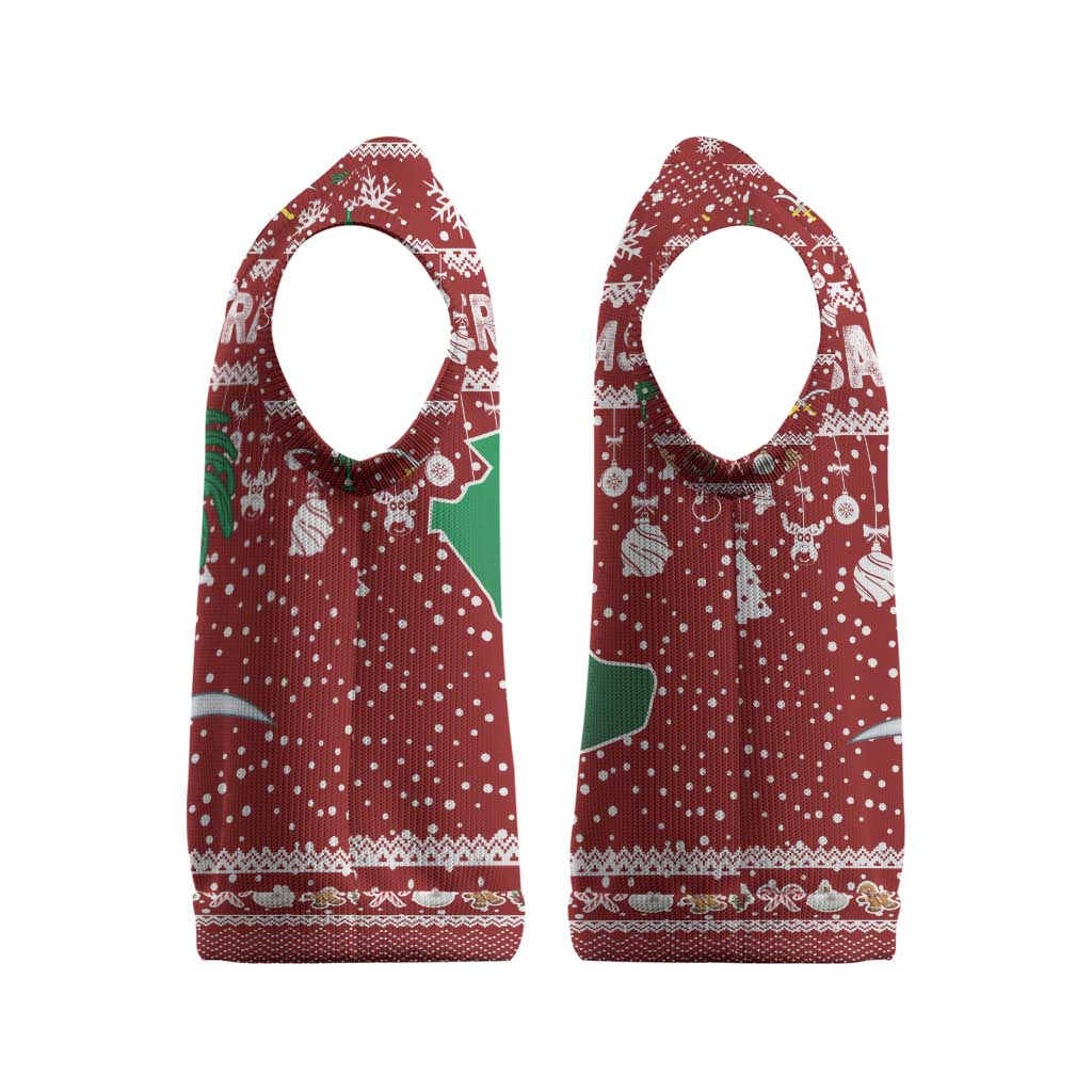 Saudi Arabia Christmas Knitted V-Neck Vest with Red Festive Pattern, National Emblem with Palm and Swords, and Map Motif - Wonder Print Shop