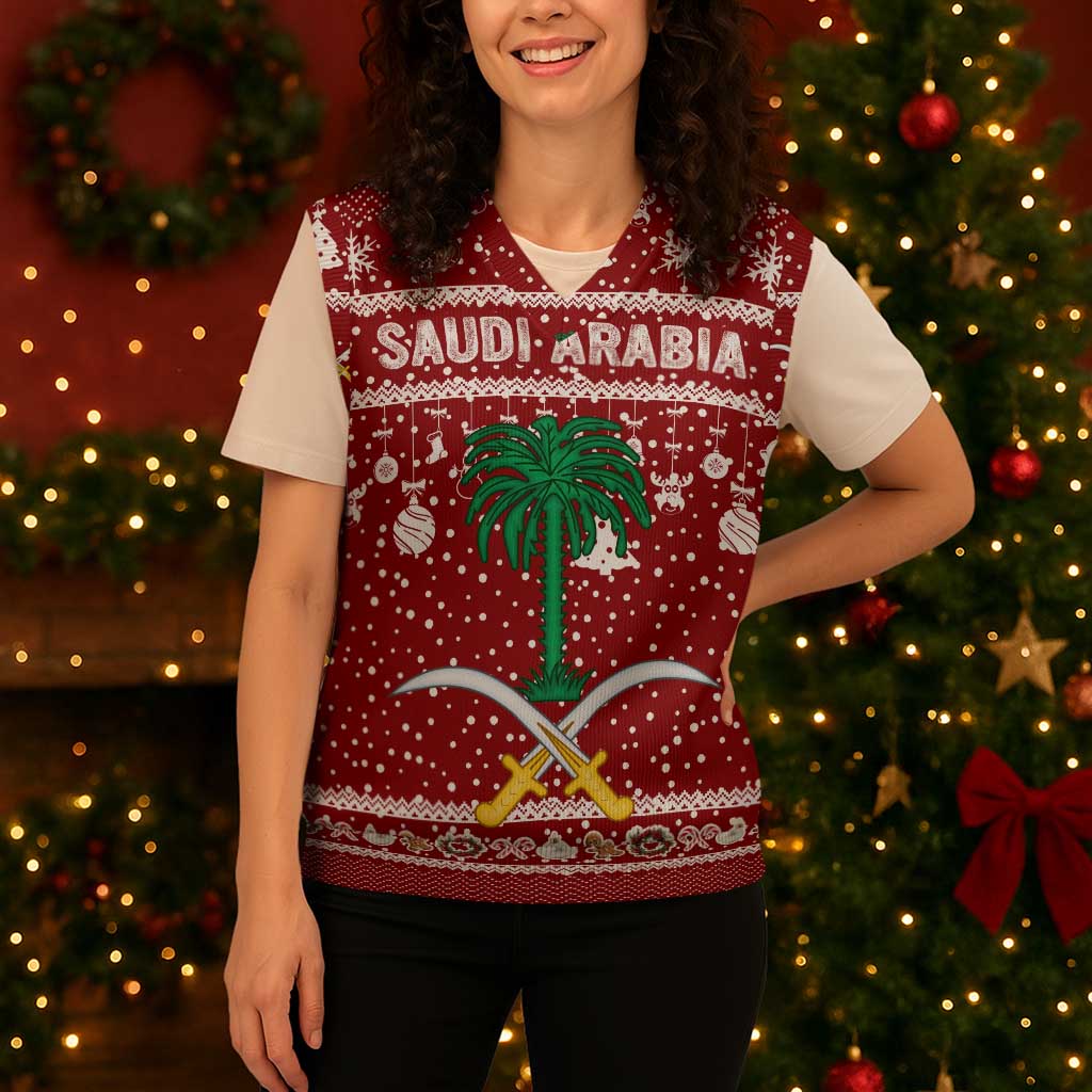 Saudi Arabia Christmas Knitted V-Neck Vest with Red Festive Pattern, National Emblem with Palm and Swords, and Map Motif - Wonder Print Shop
