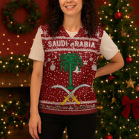 Saudi Arabia Christmas Knitted V-Neck Vest with Red Festive Pattern, National Emblem with Palm and Swords, and Map Motif - Wonder Print Shop