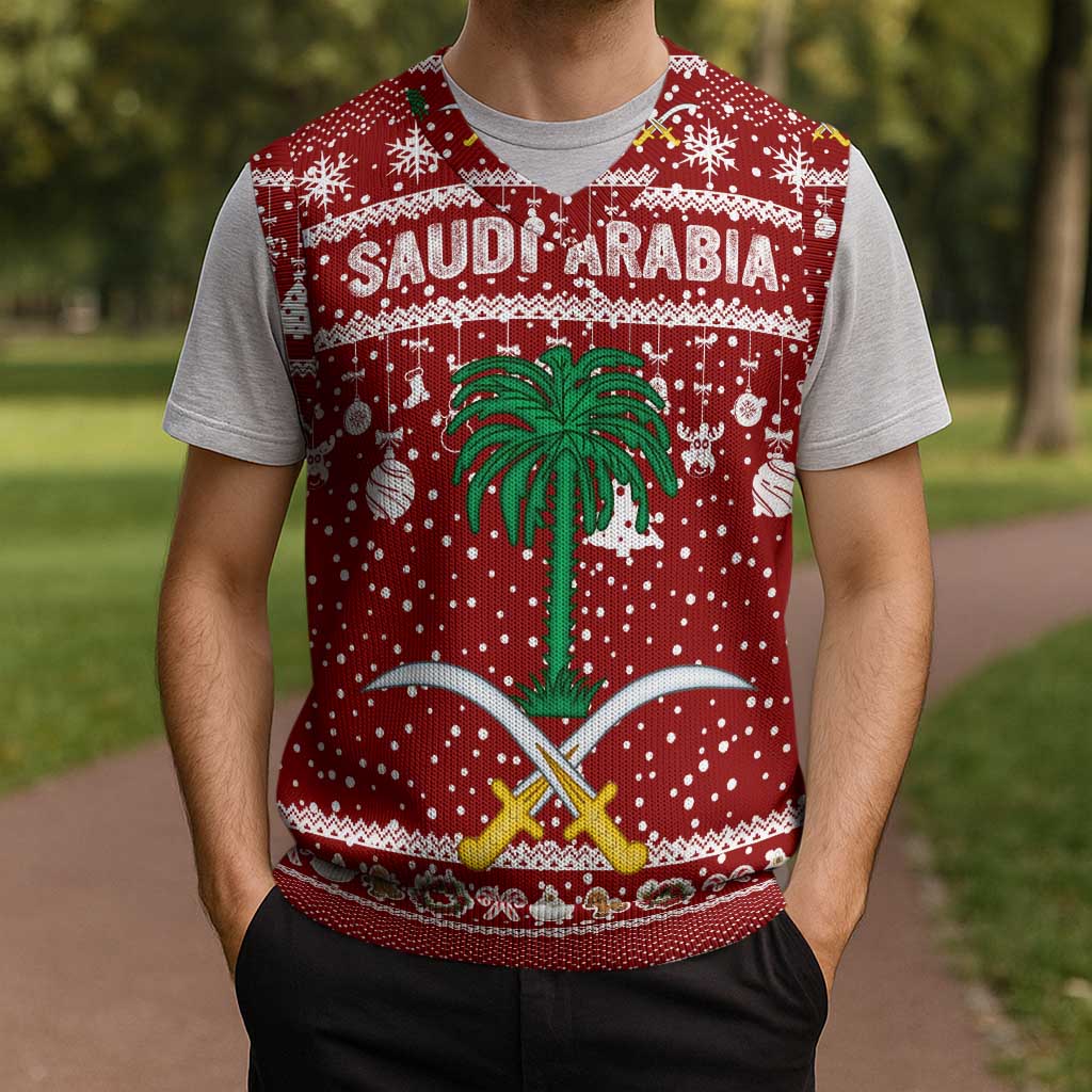 Saudi Arabia Christmas Knitted V-Neck Vest with Red Festive Pattern, National Emblem with Palm and Swords, and Map Motif - Wonder Print Shop