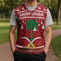 Saudi Arabia Christmas Knitted V-Neck Vest with Red Festive Pattern, National Emblem with Palm and Swords, and Map Motif - Wonder Print Shop