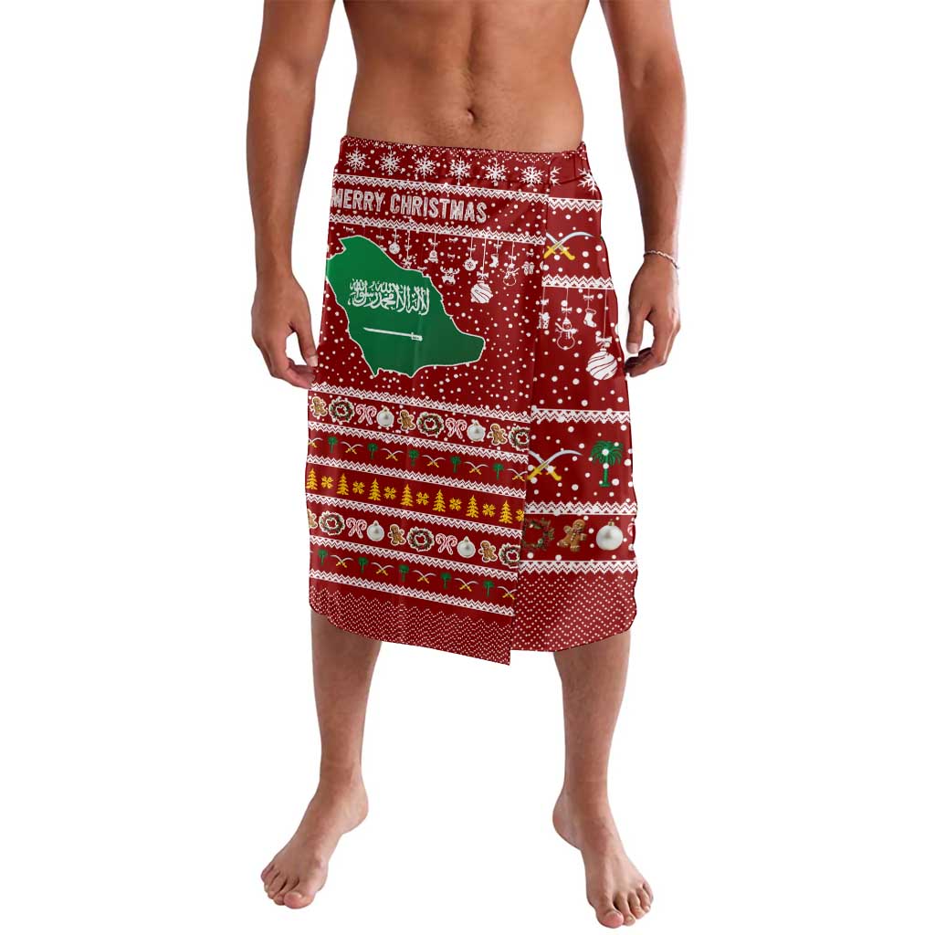 Saudi Arabia Christmas Lavalava with Red Festive Pattern, National Emblem with Palm and Swords, and Map Motif - Wonder Print Shop