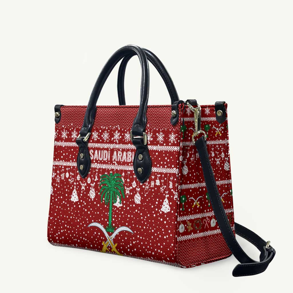 Saudi Arabia Christmas Leather Bag with Red Festive Pattern, National Emblem with Palm and Swords, and Map Motif - Wonder Print Shop