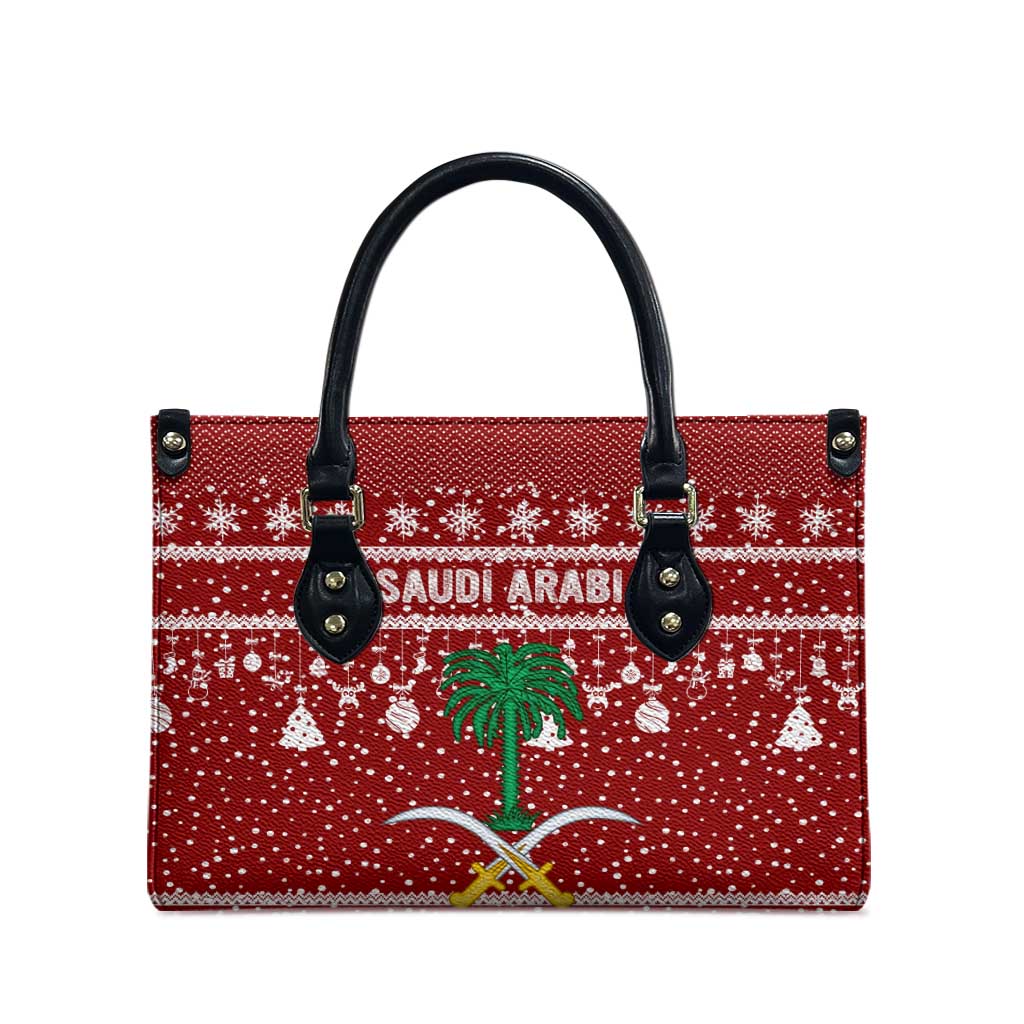 Saudi Arabia Christmas Leather Bag with Red Festive Pattern, National Emblem with Palm and Swords, and Map Motif - Wonder Print Shop