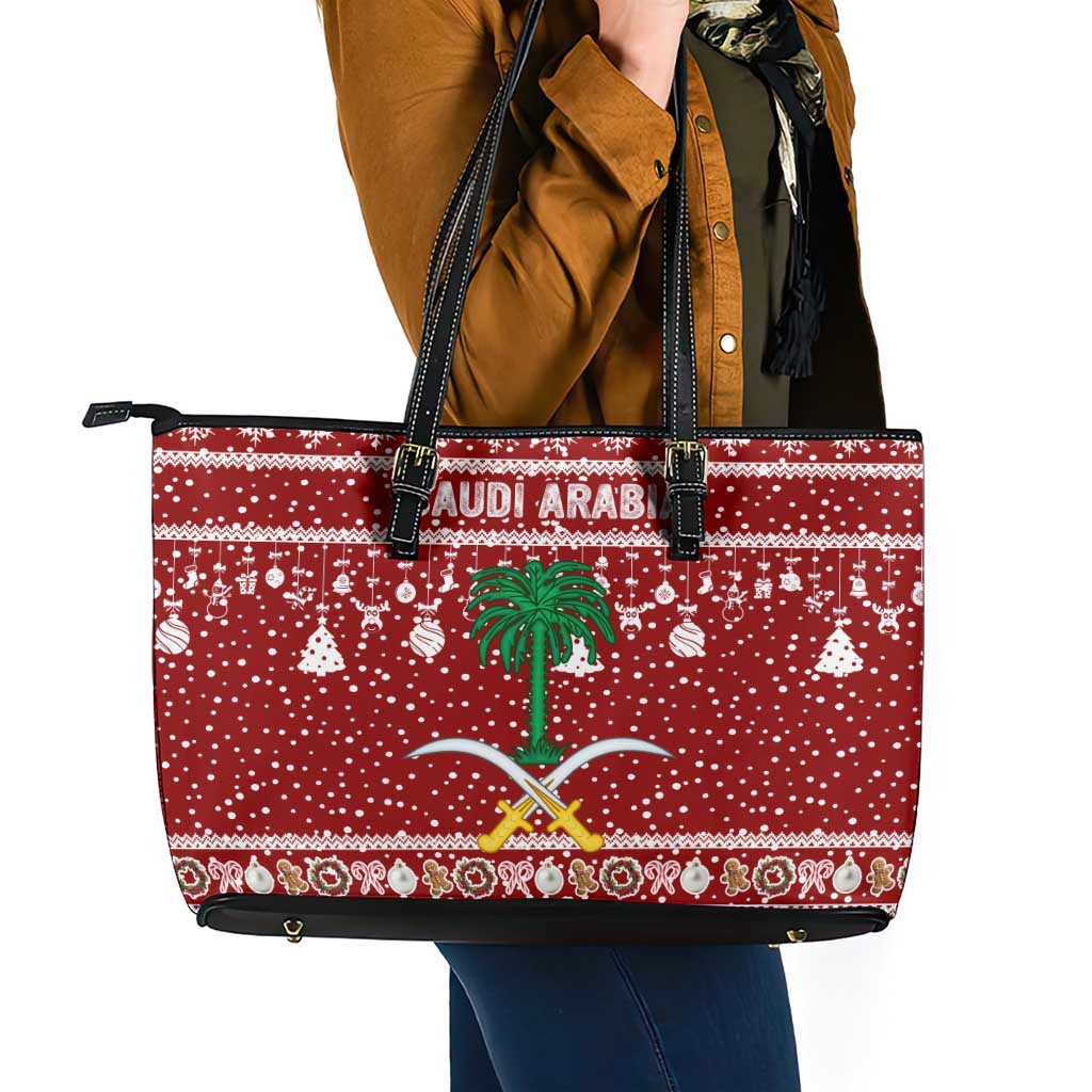 Saudi Arabia Christmas Leather Tote Bag with Red Festive Pattern, National Emblem with Palm and Swords, and Map Motif - Wonder Print Shop