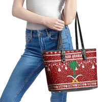 Saudi Arabia Christmas Leather Tote Bag with Red Festive Pattern, National Emblem with Palm and Swords, and Map Motif - Wonder Print Shop