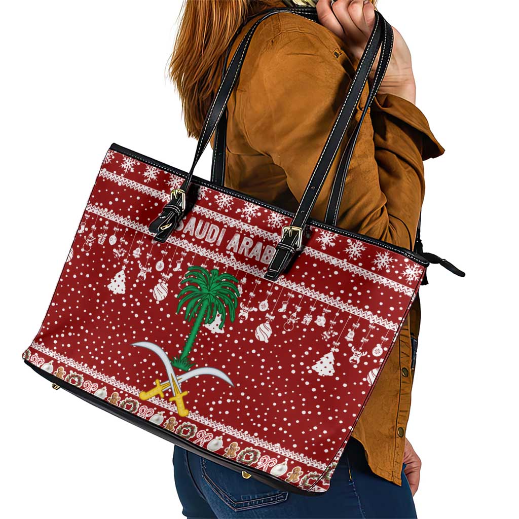 Saudi Arabia Christmas Leather Tote Bag with Red Festive Pattern, National Emblem with Palm and Swords, and Map Motif - Wonder Print Shop