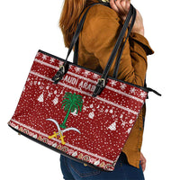 Saudi Arabia Christmas Leather Tote Bag with Red Festive Pattern, National Emblem with Palm and Swords, and Map Motif - Wonder Print Shop