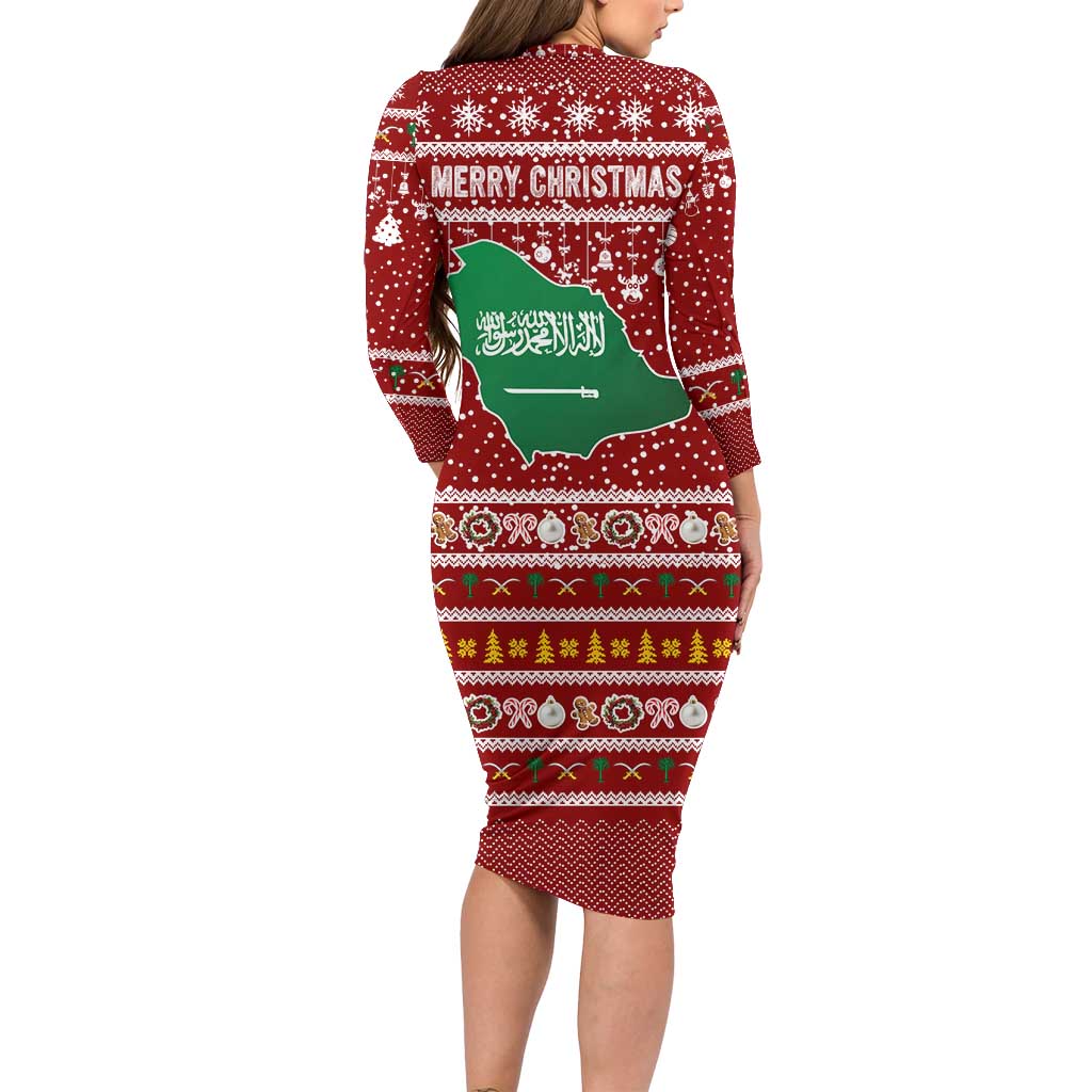 Saudi Arabia Christmas Long Sleeve Bodycon Dress with Red Festive Pattern, National Emblem with Palm and Swords, and Map Motif - Wonder Print Shop