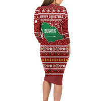 Saudi Arabia Christmas Long Sleeve Bodycon Dress with Red Festive Pattern, National Emblem with Palm and Swords, and Map Motif - Wonder Print Shop