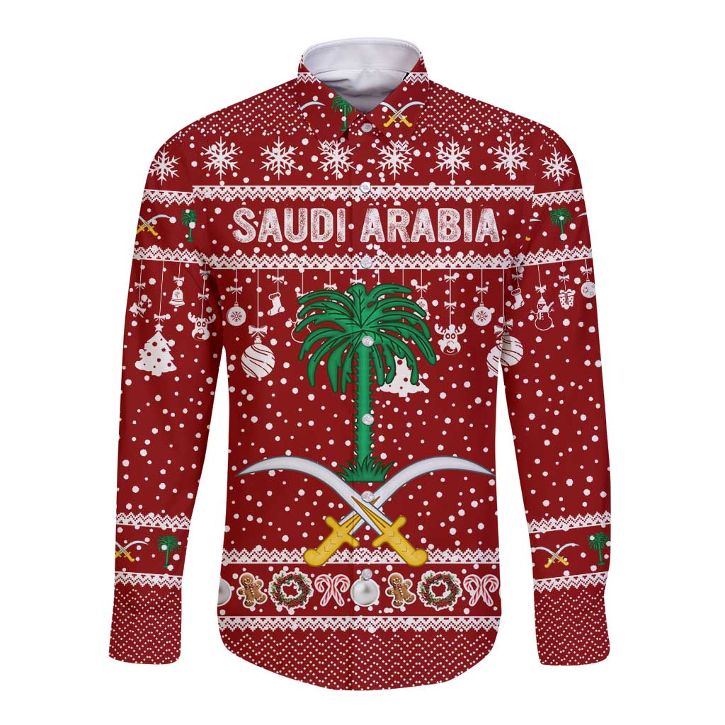 Saudi Arabia Christmas Long Sleeve Button Shirt with Red Festive Pattern, National Emblem with Palm and Swords, and Map Motif - Wonder Print Shop