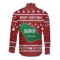 Saudi Arabia Christmas Long Sleeve Button Shirt with Red Festive Pattern, National Emblem with Palm and Swords, and Map Motif - Wonder Print Shop